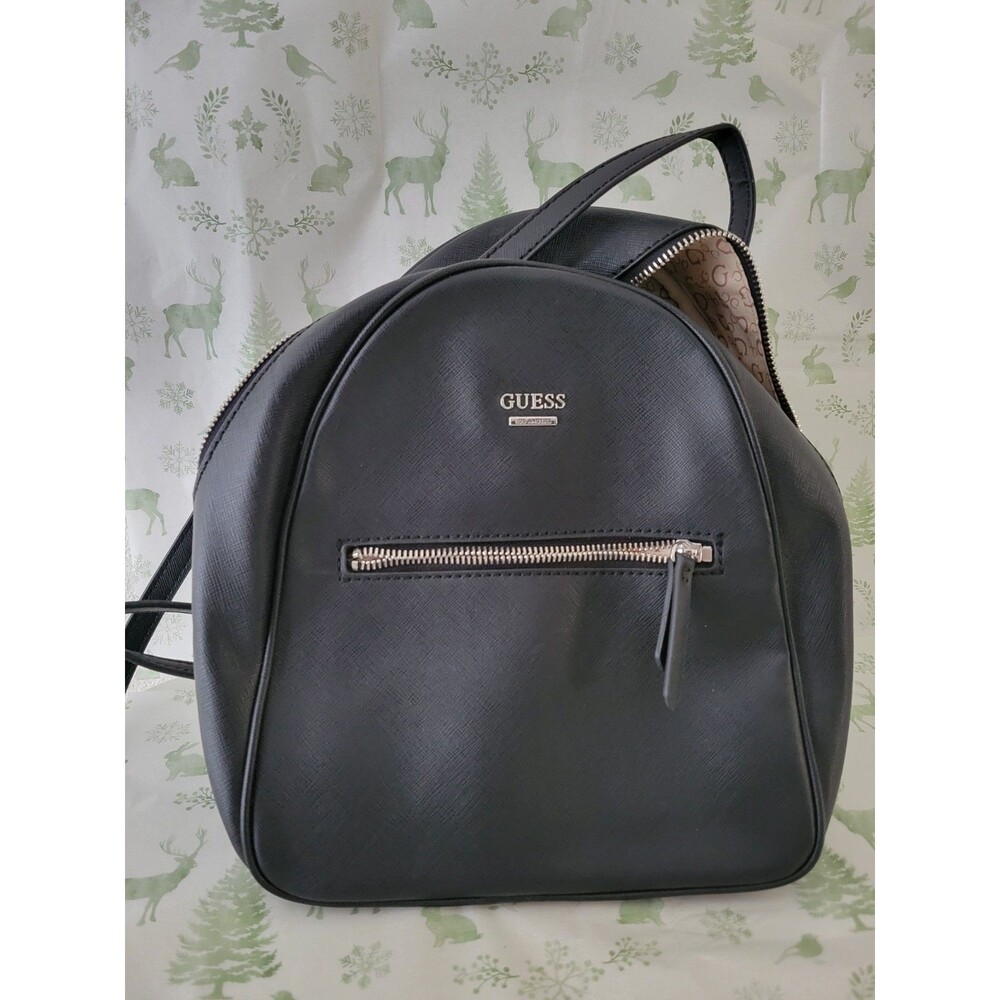 GUESS Black Mini Backpack Purse Faux Leather Silver Zip Adjustable Straps - Picture 2 of 11